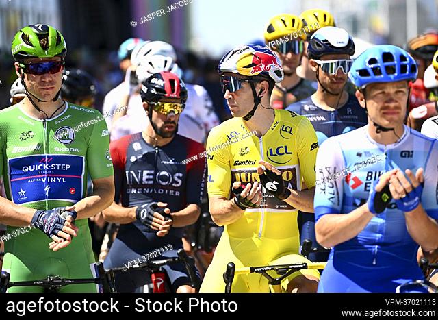 Dutch Fabio Jakobsen of Quick-Step Alpha Vinyl and Belgian Wout Van Aert of Team Jumbo-Visma pictured at the start of stage four of the Tour de France cycling...