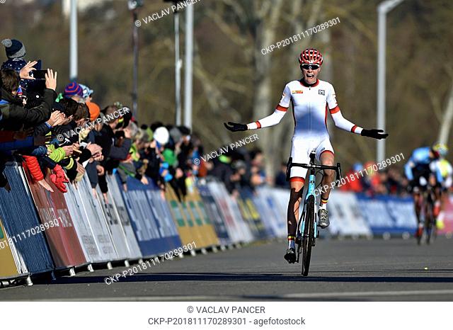 WITSE MEEUSSEN of Belgium celebrates a victory after the World Cyclocross Cup event - juniors, in Tabor, Czech Republic, November 17, 2018