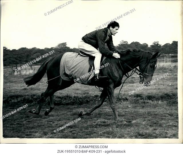 Oct. 10, 1955 - Captain Townsend goes riding once again.: Group captain Townsend who spent the week-end at Allanbay Lodge, Binfield, Berks