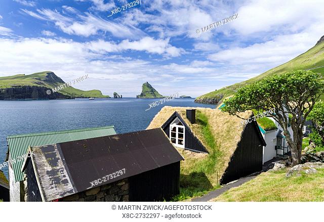 Bour (Boeur), a traditional village at Sorvagsfjordur. The island Vagar, part of the Faroe Islands in the North Atlantic