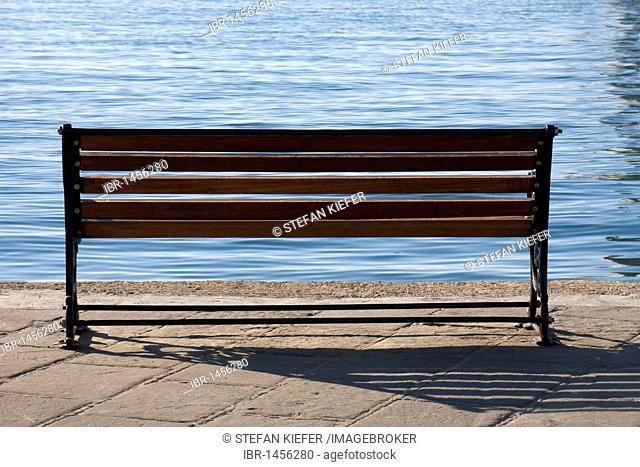 Wooden bench on the seafront near Chania, Crete, Greece, Europe