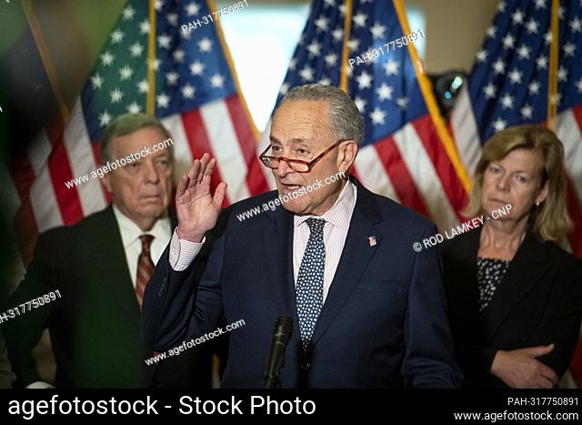 United States Senate Majority Leader Chuck Schumer (Democrat of New York) offers remarks during the Senate Democrat€™s policy luncheon press conference at the...