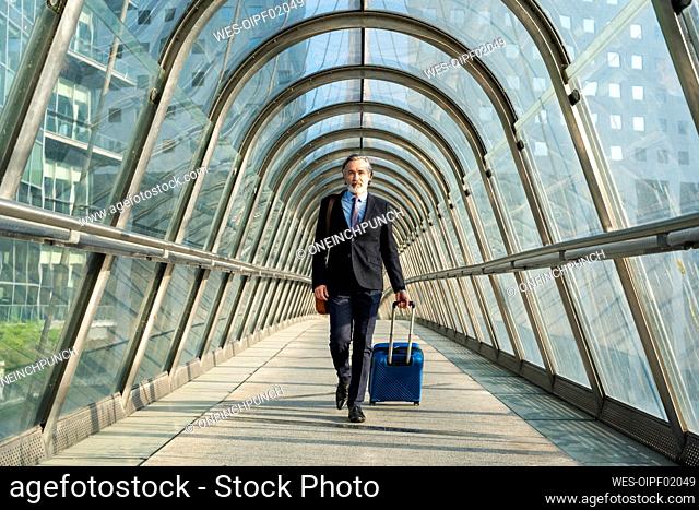 Mature businessman with suitcase walking on footbridge