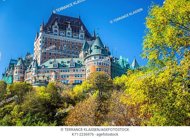 The Fairmont Chateau Frontenac and the historic buildings of Lower Town in Old Quebec, Quebec City, Quebec, Canada