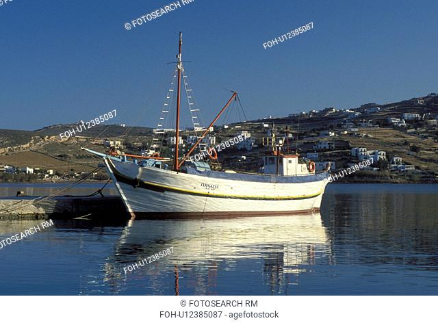 Paros, Greek Islands, Parikia, Cyclades, Greece, Europe, Fishing boats docked in the harbor of Parikia on Paros Island on the Aegean Sea