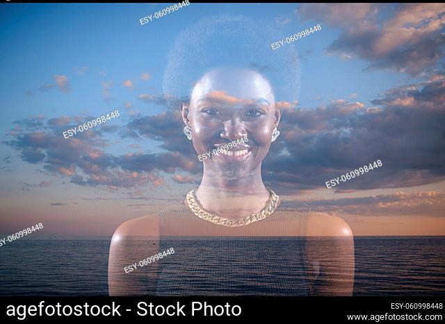 Multiple exposure image with clouds and sky inside positive smiling african american woman portrait. Mental health and Christianity concept