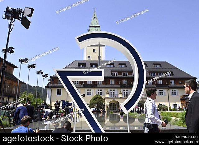 Exterior view of Elmau Castle, building, hotel. Arrivals of outreach guests at Schloss Elmau; Welcome by the Federal Chancellor on June 27, 2022