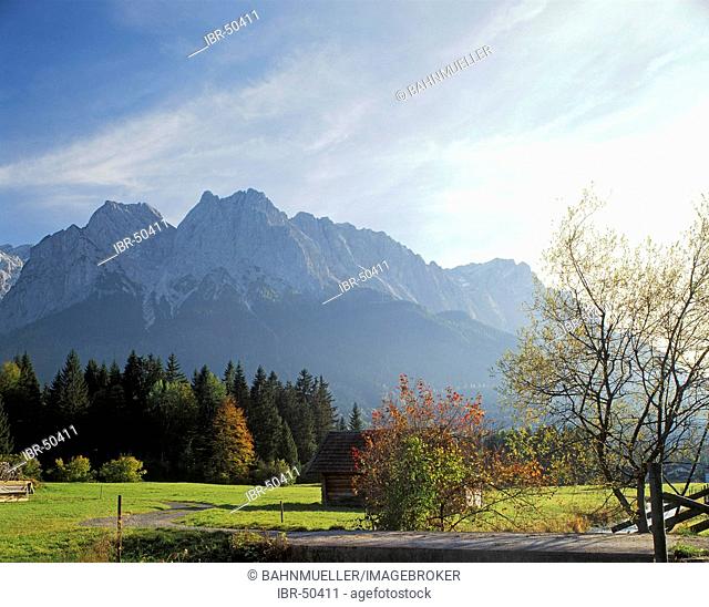 Wetterstein mountains with the Zugspitze from the mountain pasture alp near Krün Kruen Werdenfels country Werdenfelser Land Upper Bavaria Germany