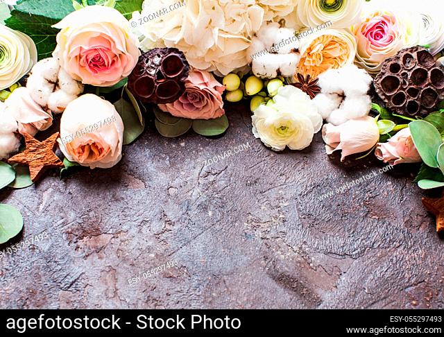 Top view of flowers border. Stylish wedding composition, floristic design with copy space