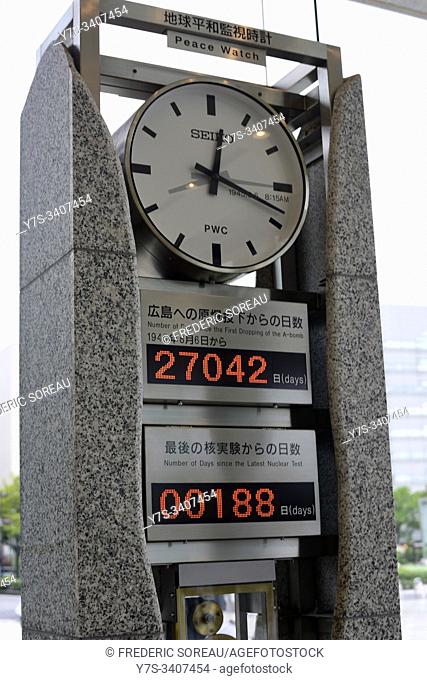 Peace clock monument at the museum in the city of Hiroshima which counts the number of days since the last nuclear test, Japan, Asia