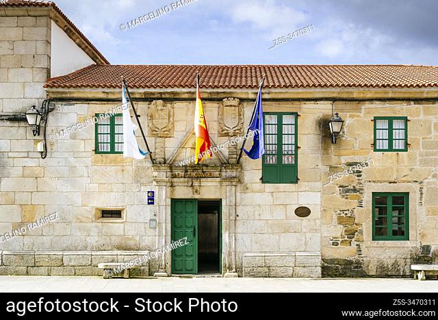 Casa del Concello - City Hall, Stone house, traditional Galician architecture. French Way, Way of St. James. Mellid - Melide, A Coruña, Galicia, Spain, Europe