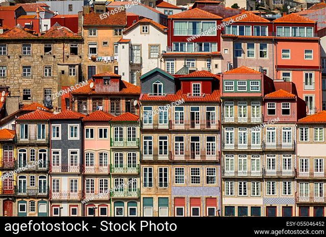 View of traditional colorful houses in Ribeira, Porto, Portugal, Iberian Peninsula, Europe