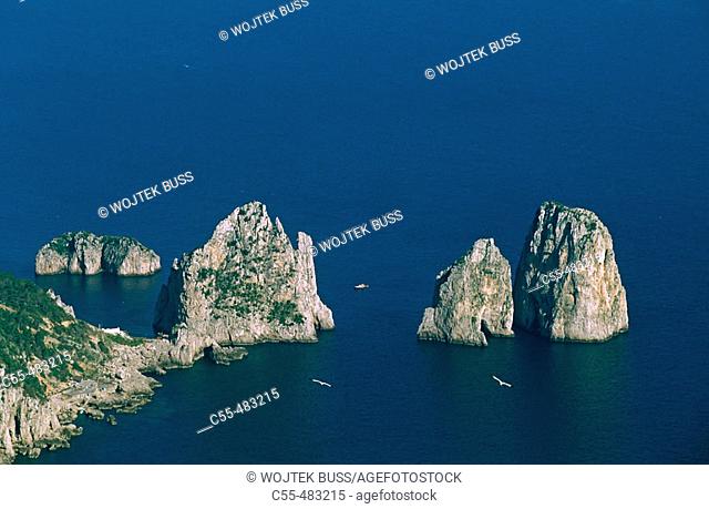 'Faraglioni' rocks seen from Monte Solaro, Capri island. Campania, Italy