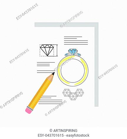 Jewelry project. Idea of golden ring with diamond. Making a luxury golden accessories with gemstone. Isolated flat vector illustration