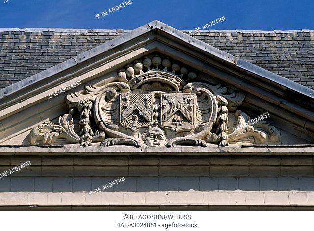 Coat of arms at the entrance to Saint-Paul's Abbey, Wisques, Nord-Pas de Calais, France