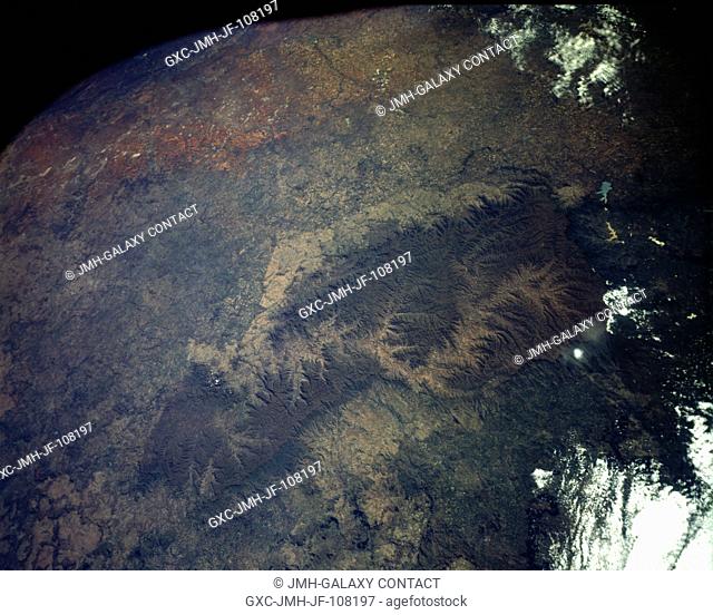 This low-oblique, northwest-looking photograph shows the entire landlocked country of Lesotho, which is completely surrounded by South Africa