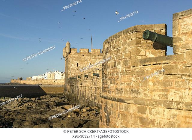 harbour tower Scala du Port on the coast in Essaouira, Kingdom of Morocco, Africa