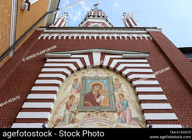 RUSSIA, MOSCOW - AUGUST 28, 2023: A view of a restored fresco of the Icon of Our Lady of Kazan on the western facade of the Moscow Kremlin's Nikolskaya Tower