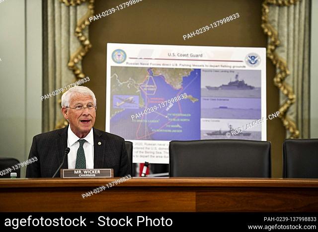 United States Senator Roger Wicker (Republican of Mississippi) questions the panel during a Senate Committee on Commerce, Science