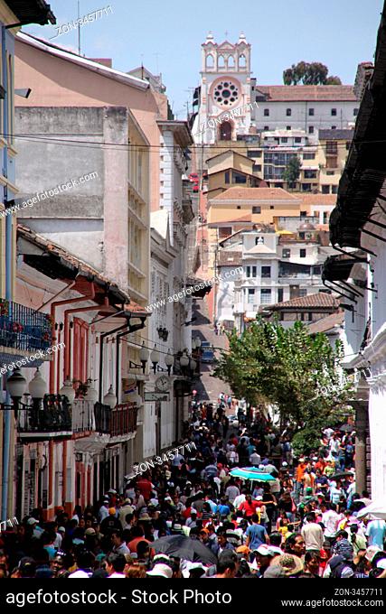 Croud on the street in the center of Quito in Ecuador