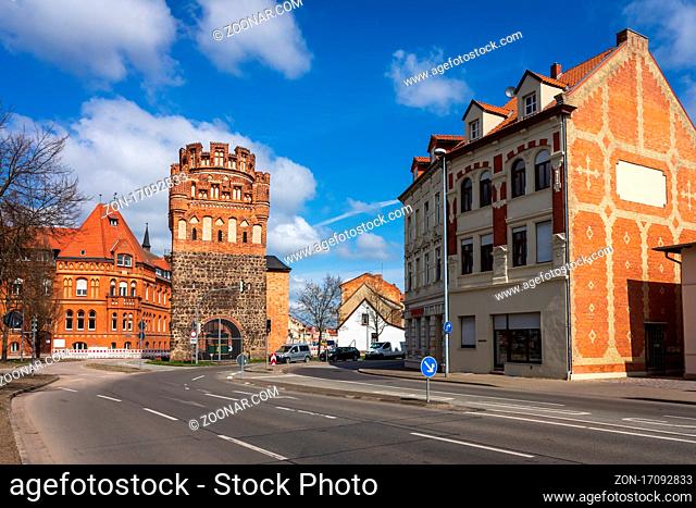 STENDAL, GERMANY - APRIL 24, 2021: Tangermuende Gate (old defense tower from the Middle Ages). Hansestadt Stendal is a medieval town in Saxony-Anhalt state
