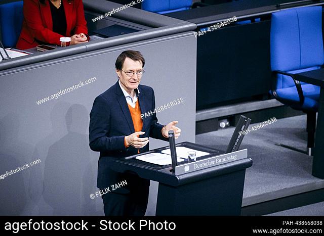 Karl Lauterbach (SPD), Federal Minister of Health, recorded during a speech at the 144th session of the 20th German Bundestag in Berlin, December 14, 2023