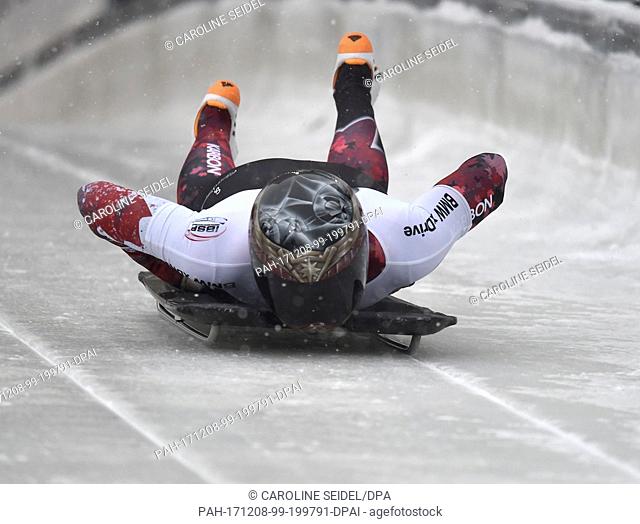 Canadian skeleton pilot Elisabeth Vathje in action during the second run of the women's singles at the Skeleton World Cup in Winterberg, Germany