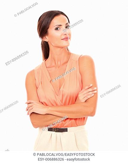 Attractive female in elegant blouse looking at you in white background