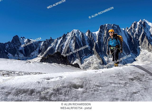 France, Chamonix, Argentiere Glacier, Les Droites, Les Courtes, Aiguille Verte, mountaineer