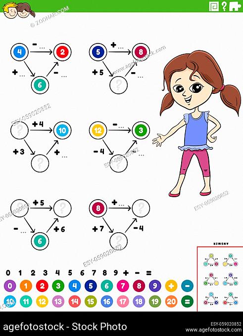 Cartoon illustration of educational mathematical calculation diagram task for children with girl worksheet page