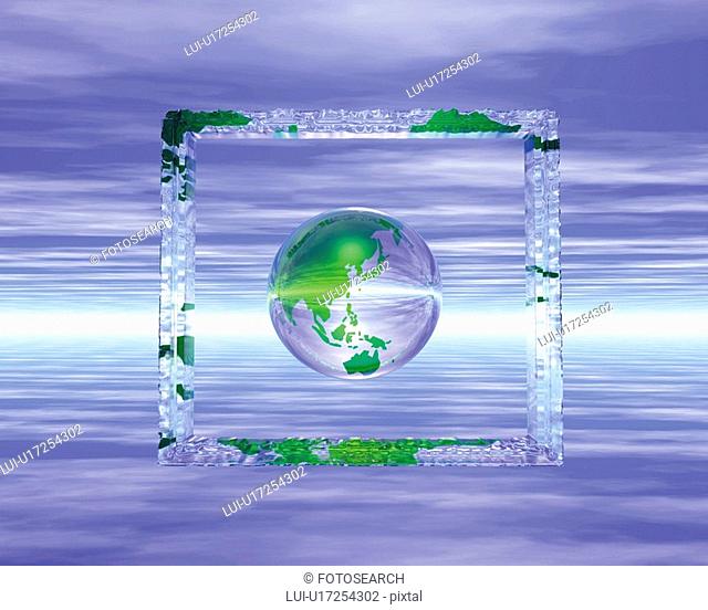 Globe in crystal frame, front view, Computer Graphics, composition