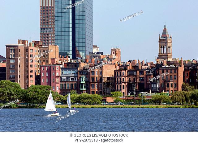 brownstone buildings Old South Church Charles River sailboats Boston MA USA Massachussets