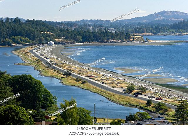 The Esquimalt Lagoon and gravel barrier spit is connected to the Strait of Juan De Fuca by a tidal channel at the northeast end of the lagoon