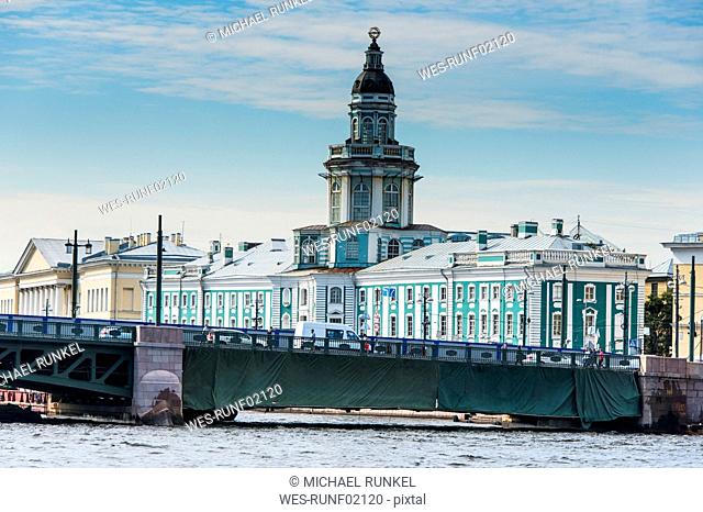 Colonial buildings at the Spit of Vasilievsky Island seen from the Neva, St. Petersburg, Russia