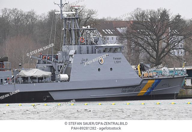 A coastal protection ship for Saudi Arabia can be seen at the Peene dockyard of the Luerssen dockyard group in Wolgast, Germany, 16 March 2017