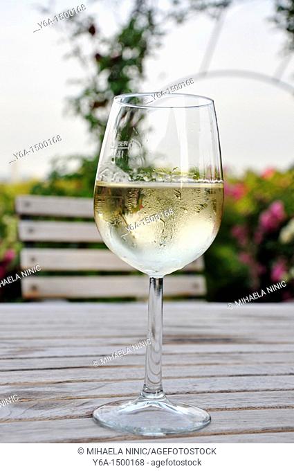 Glass of white wine on wooden table in Heuriger Grinzing Vienna