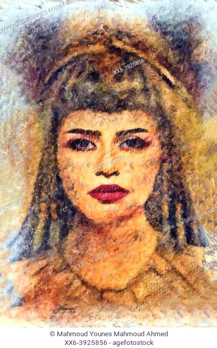 Queen Cleopatra's Portrait - Acrylic Gouache on Canvas - 2018 Painted by Artist M.Younes. Younsi Studio, Maadi Cairo, Egypt - Exhibition of the Faculty of Fine...