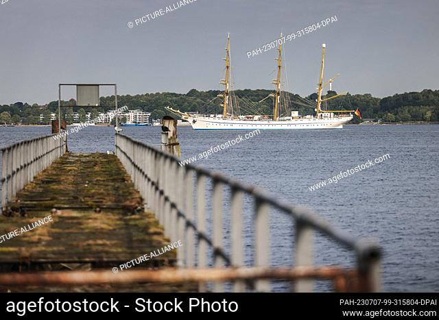 07 July 2023, Schleswig-Holstein, Heikendorf: The ""Gorch Fock"" anchors in the Kiel Fjord. After almost four months, the Navy's sail training ship ""Gorch...