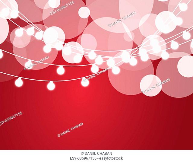Christmas background with xmas lights. Vector glowing garland isolated on red background with shine particles. Vector