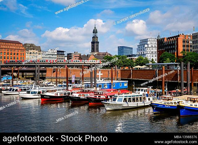 Hamburg, Germany - City view at the inner harbor towards the old town with the main church St. Michaelis