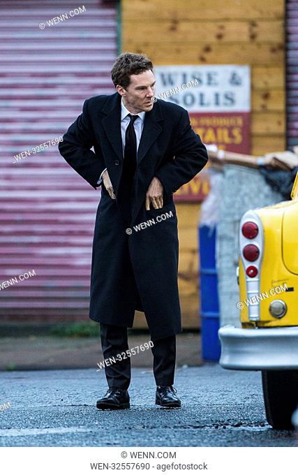 Benedict Cumberbatch filming scenes for new TV adaptation of 'Melrose' in Glasgow, Scotland. The Actor was seen stumbling from a yellow taxi cab in the...