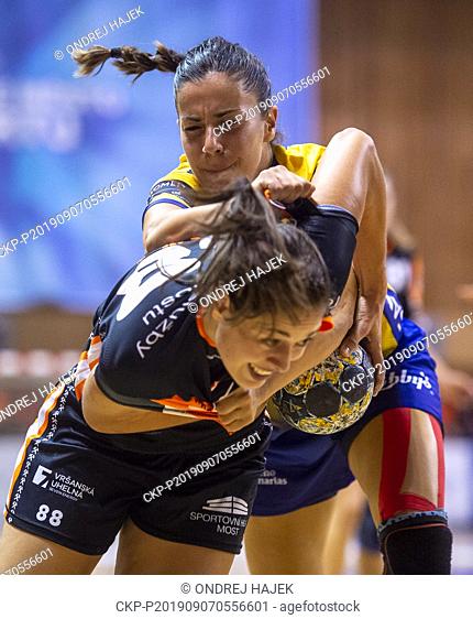 L-R Dominika Zachova (Most) and Tiddara Cabezudo Trojaola (Gran Canaria) in action during the Women's EHF Champions League, qualification
