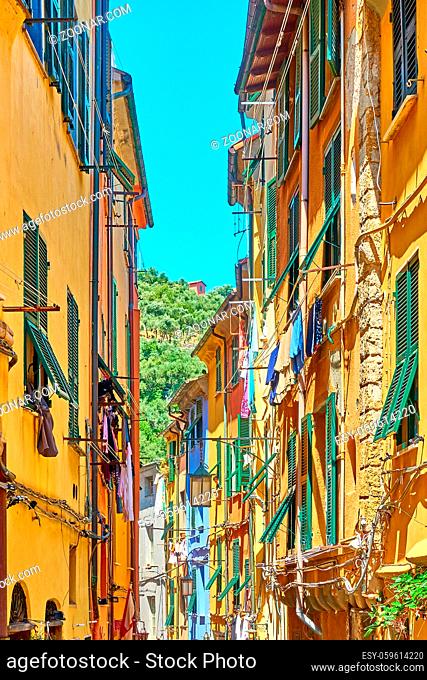 Street with colorful houses in Porto Venere (Portovenere), Liguria, Italy