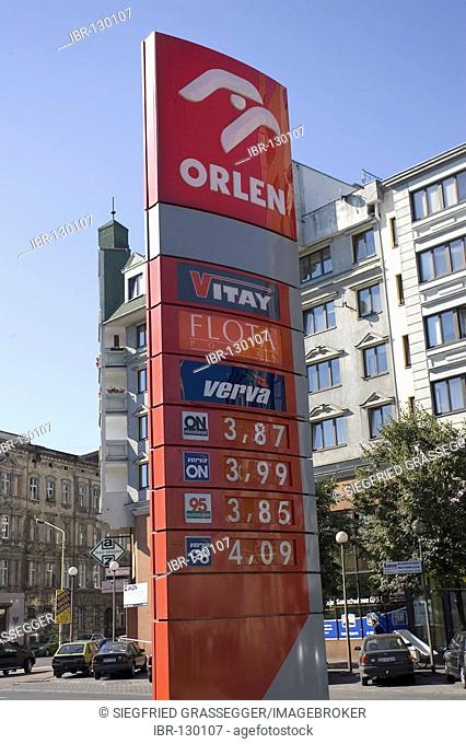 Prices of a gas station, Stettin, Szczecin, West Pomerania, Poland