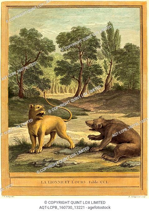 Louis-Simon Lempereur after Jean-Baptiste Oudry, French (1728-1807), La lionne et l'ours (The Lion and the Bear), published 1759, hand-colored etching