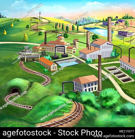 Industrial area outside the city. Digital Painting Background, Illustration