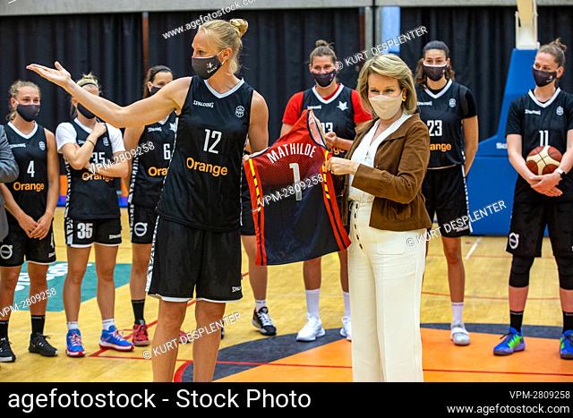 Belgian Cats Ann Wauters and Queen Mathilde of Belgium pictured during a royal visit to the Belgian Cats, the Belgian national women's basketball team