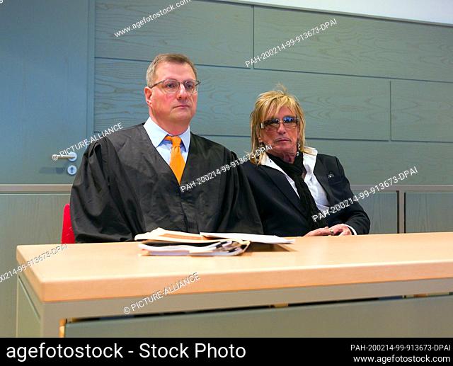 14 February 2020, North Rhine-Westphalia, Langenfeld: Bert Wollersheim (r), former red-lighting great, sits in the dock at the district court in Langenfeld with...