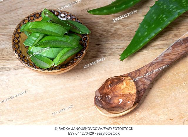 Aloe vera gel on a spoon and fresh sliced leaves