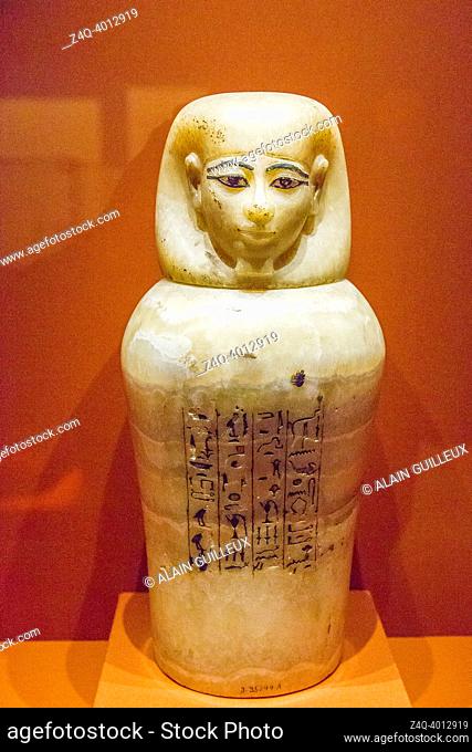 Egypt, Cairo, Egyptian Museum, from the tomb of Yuya and Thuya in Luxor : Canopic vase of Thuya, dedicated to god Qebehsenuf